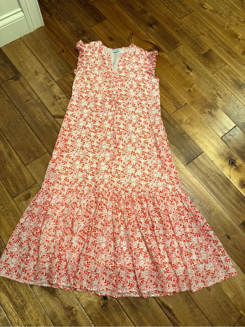Coral and White Floral Midi Dress with V-Neck